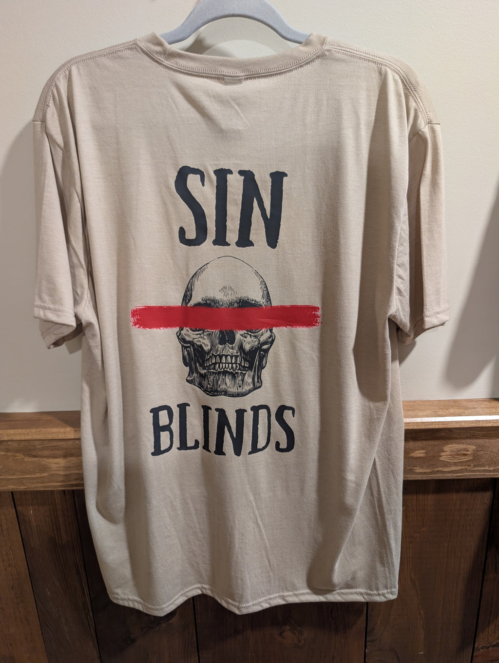 Sin Blinds tee, back: SIN BLINDS with a skull and red brushstroke over the eyes