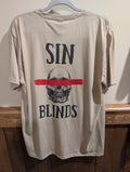 Sin Blinds tee, back: SIN BLINDS with a skull and red brushstroke over the eyes