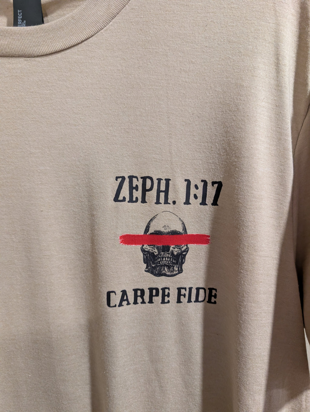 Sin Blinds tee, front: Zeph. 1:17 and Carpe Fide chest print